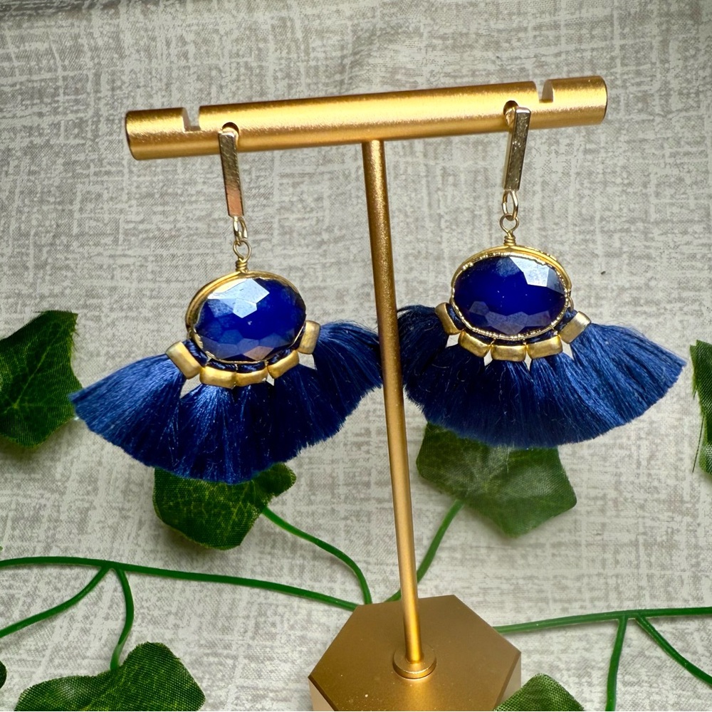 Boho Navy Blue Fan Tassel Earrings